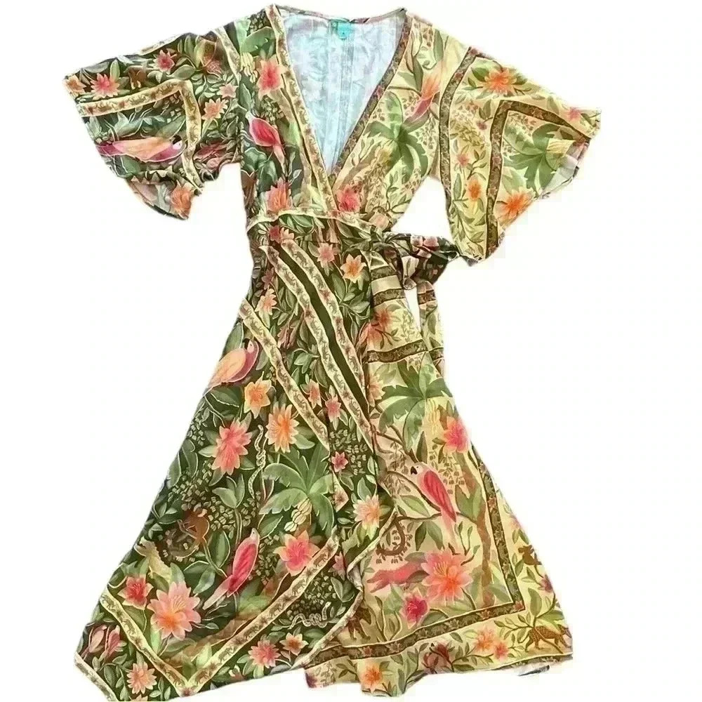 Farm Rio Tropical Wrap V-Neck MIDI Dress Size Medium